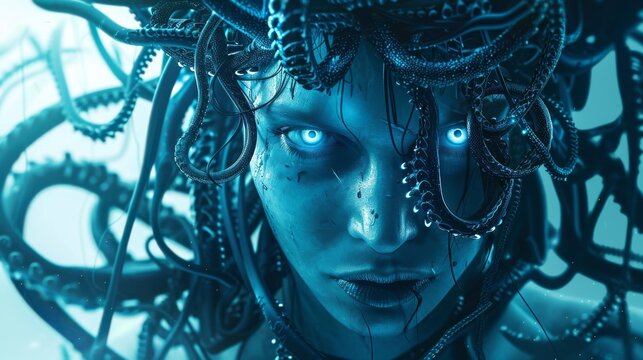 A Gorgon reimagined as a modern cybersecurity champion in the Oort Cloud enforces corporate social responsibility with a piercing gaze safeguarding digital realms