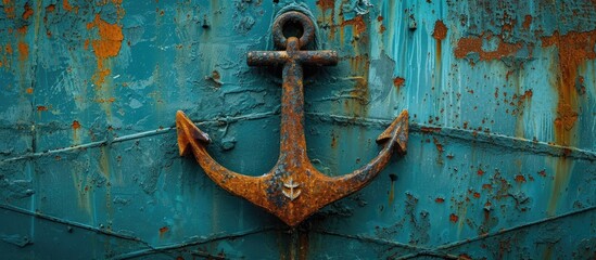 A rusty ship anchor is securely fastened to the side of a weathered building, contrasting against the blue hull. The aged structure and maritime relic hint at a storied past. - obrazy, fototapety, plakaty