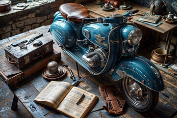 Vintage motorcycle and book on wooden table in garage, stock photo