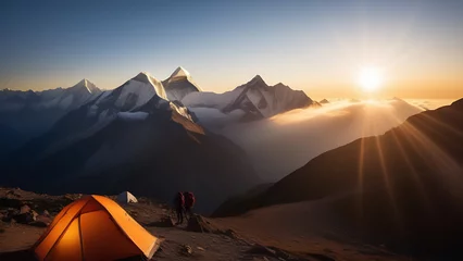 Fotobehang A tent on a mountain at sunset, surrounded by snowy peaks and a colorful sky © Aleksey