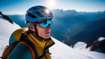 Fototapeta na wymiar A man in goggles and helmet stands on a snowy mountain under the cloudy sky