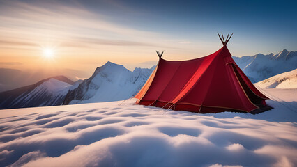 A red tent sits atop a snowy mountain under the clear sky