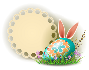 A composition with an Easter egg, rabbit ears and a round frame.