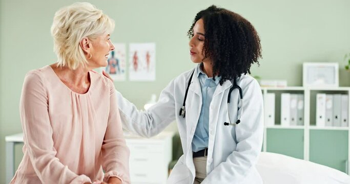 Happy woman, doctor and consulting patient with care for support, health advice or visit at the clinic. Female person, cardiologist or medical worker talking to client for consultation or trust