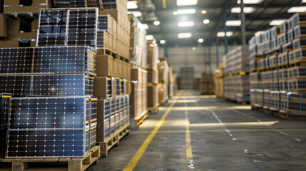 stack of solar panels in a warehouse ready for shipping  - obrazy, fototapety, plakaty