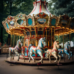 Fototapeta na wymiar Whimsical carousel with painted horses.