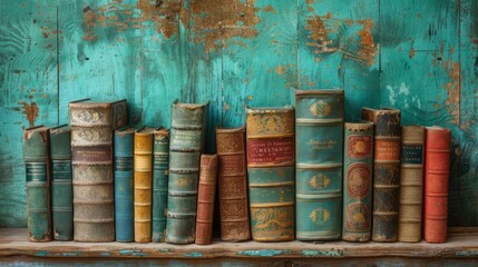Vintage old books on wooden deck tabletop against grunge wall 