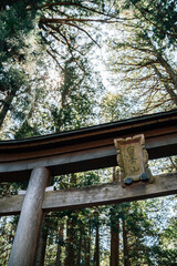 Fujiyoshida Kitaguchi Hongu Fuji Sengen Shrine Torii gate with green forest near Fuji Mountain in Yamanashi, Japan