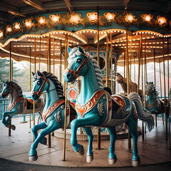 Whimsical carousel with painted horses.