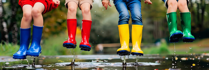Close-up on children legs in colorful wellie rain boots of four kids jumping in a puddle.