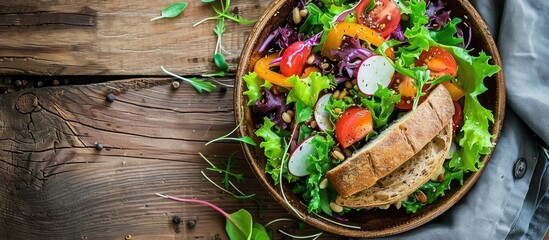 A wooden bowl filled with a healthy salad, accompanied by grain bread, placed on a wooden table. The salad is fresh and colorful, offering a nutritious meal option.
