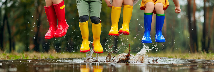 Close-up on children legs in colorful wellie rain boots of four kids jumping in a puddle.