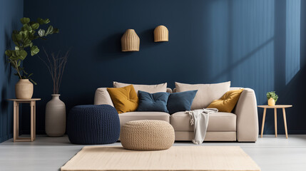 Contemporary Living Room with Beige Sofa, Blue Accent Wall, and Textured Decor