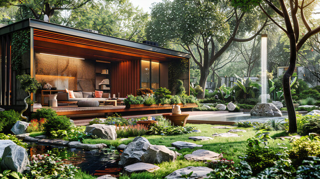Japanese Garden Retreat with Wooden Patio, Greenery, and Tranquil Water Feature