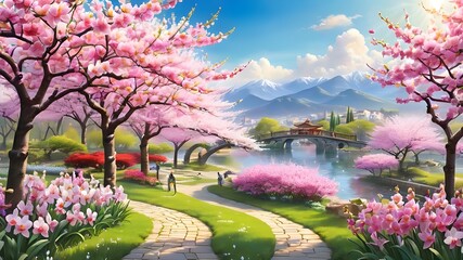 A colorful ((spring landscape)) where the world comes alive with blooming (((fruit trees))), their ((cherry blossoms)) intermingling with ((vividly hued flowers)) and ((radiant orchids))