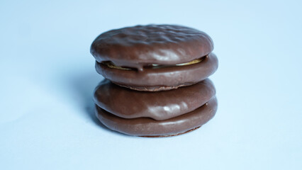 chocolate chip cookies. Two cookies in chocolate choco pie closeup on a white. Isolated © Hai.. Zainul