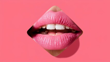 Beautiful plump bright lips of pink color peep into the slit of colored paper - obrazy, fototapety, plakaty