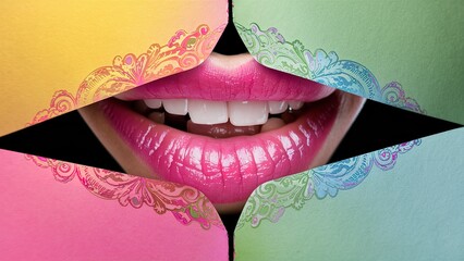Beautiful plump bright lips of pink color peep into the slit of colored paper - obrazy, fototapety, plakaty