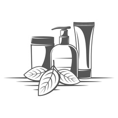 Vector illustration shampoo bottle, toothpaste tube, and leaf on white background
