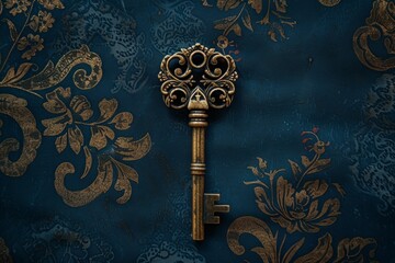 one gold vintage key on a blue background.