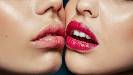 Kissing close up. Sexy plump lips without makeup. Two beautiful sexy lesbians in love - obrazy, fototapety, plakaty