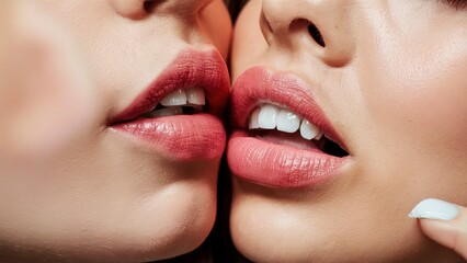 Kissing close up. Sexy plump lips without makeup. Two beautiful sexy lesbians in love - obrazy, fototapety, plakaty