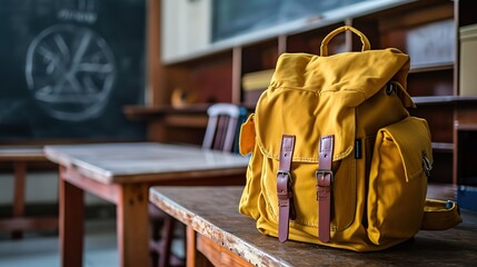 A student's yellow school bag is on their desk in the classroom. 