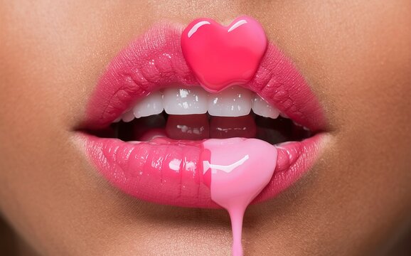 Pink Paint heart dripping, lipgloss drops on sexy lips, bright liquid paint on beautiful model girl's mouth