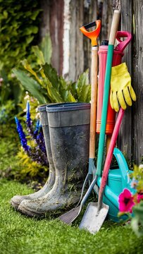 rubber boots and garden tools