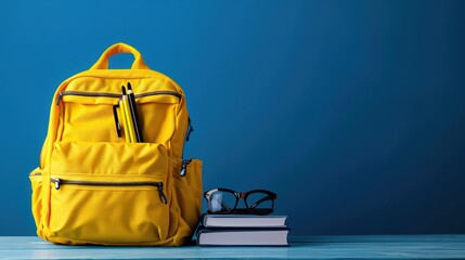 a yellow bag and school accessories on a blue backdrop  - obrazy, fototapety, plakaty