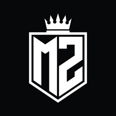 MZ Logo monogram bold shield geometric shape with crown outline black and white style design