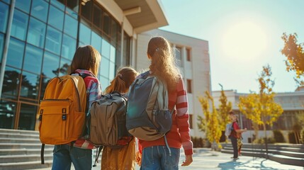 Backpack-wearing students conversing outside of the classroom