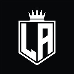 LA Logo monogram bold shield geometric shape with crown outline black and white style design
