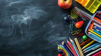 school materials against a backdrop of a black board - obrazy, fototapety, plakaty