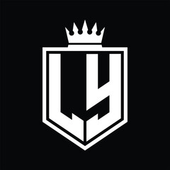 LY Logo monogram bold shield geometric shape with crown outline black and white style design