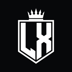 LX Logo monogram bold shield geometric shape with crown outline black and white style design