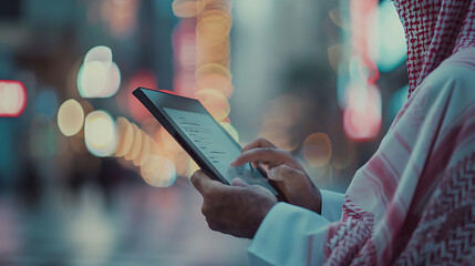 Arabic man wearing a Saudi bisht, holds a tablet device in his hand, taking notes on the device, planning work, blur background. - obrazy, fototapety, plakaty