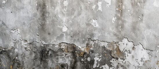 This black and white image captures the texture of an aged embossed concrete wall, featuring peeling paint and a weathered appearance. The contrast between light and dark highlights the decay and