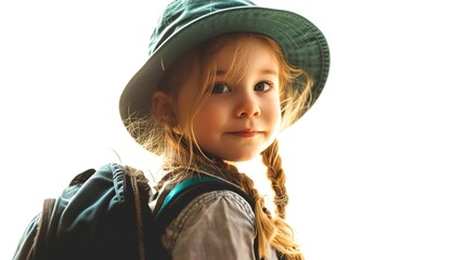 Adorable young girl with a rucksack and green cap in casual attire on white background 
