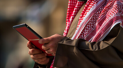 Arabic man wearing a Saudi bisht, holds a tablet device in his hand, taking notes on the device, planning work, blur background. - obrazy, fototapety, plakaty