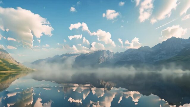 lake with mountain reflection. 4k video animation