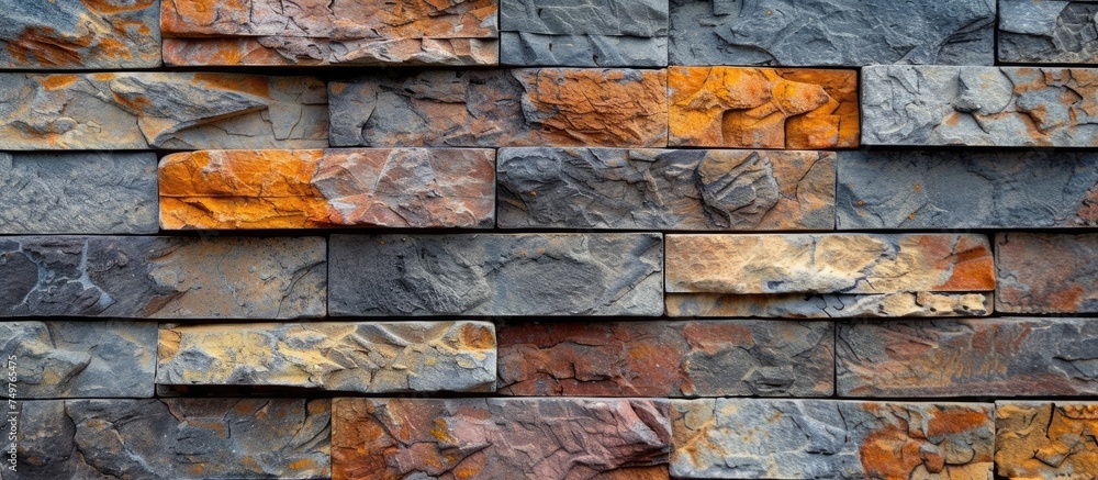 Poster a detailed view of a wall constructed from various rocks and stones. each rock is distinct in shape,