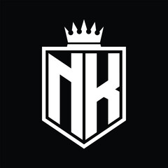 NK Logo monogram bold shield geometric shape with crown outline black and white style design