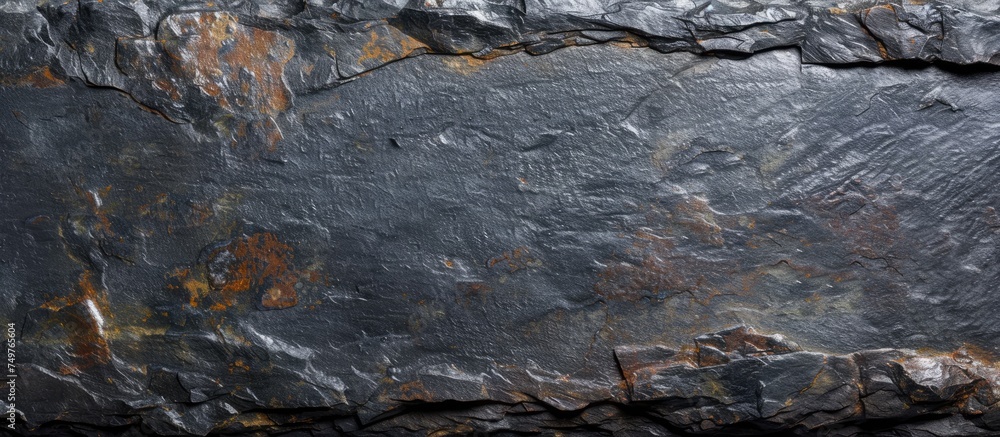 Poster a detailed view of a rock with a distinct brown spot on its surface, set against a background of rus