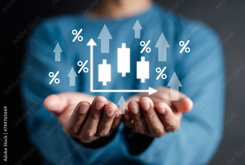 Aufkleber businessman holding increase up icon with business objective to set up business objective target goa