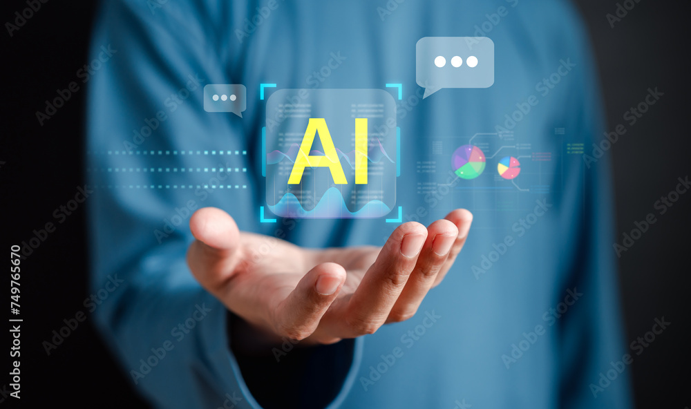 Aufkleber Businessman using ai technology. chat bot with AI Artificial Intelligence generate. Futuristic technology, robot in online system. Business in future...