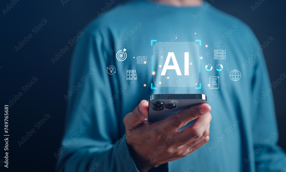Aufkleber Businessman using ai technology. chat bot with AI Artificial Intelligence generate. Futuristic technology, robot in online system. Business in future...