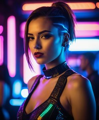 a woman in a shiny dress posing for a picture in a Futuristic cyberpunk nightclub with neon lights and electronic music