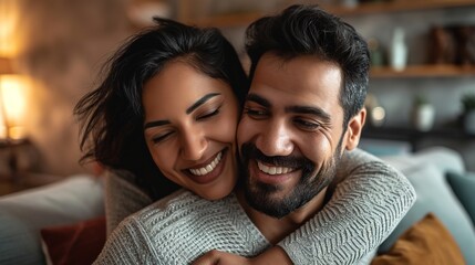 Happy woman giving her spouse a backward embrace while lounging on the couch - obrazy, fototapety, plakaty