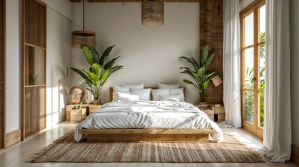 Obraz na płótnie Canvas inviting bohemian-style bedroom features abundant natural light, a variety of plants, and a selection of woven and wooden decor, creating a serene and earthy ambiance - Generative AI